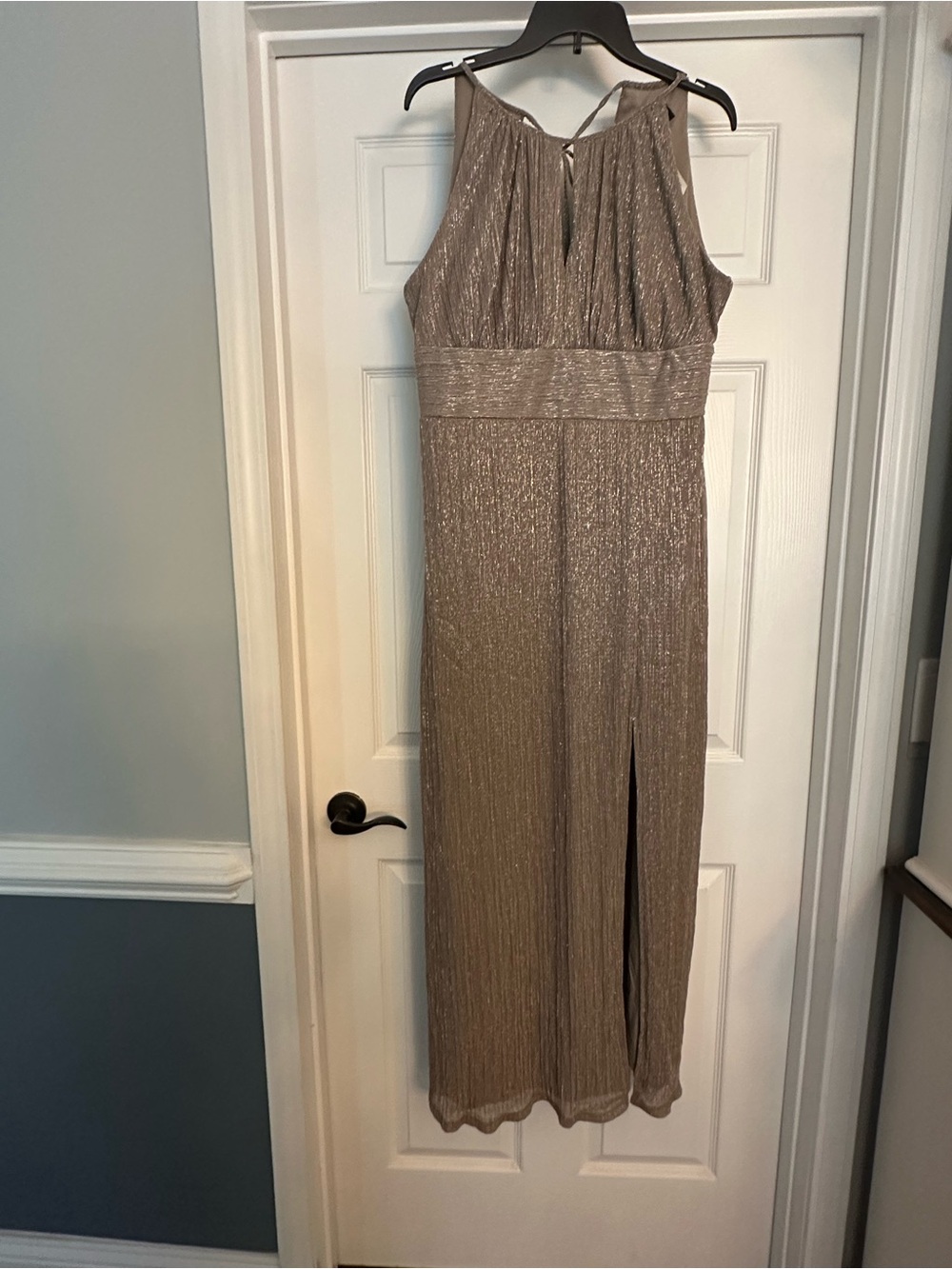 R&M Richards Metallic Taupe Evening Gown